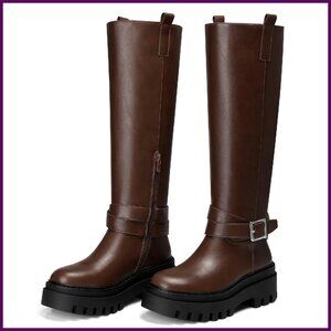 Knee High Boots Wide Calf Chunky Heel Platform Round Toe Faux Leather